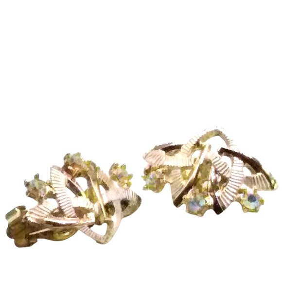 Elegant Art Deco Burst Earrings with AB Crystals, Vintage Gold Tone Clip Ons - Picture 2 of 4